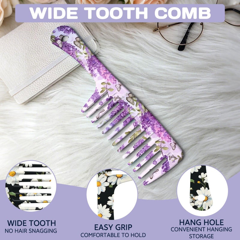 GABraden 2PCS Wide Tooth Comb,Effortless Tangle Removal for Long Hair Styling Comb for Curly,Wet,Cute Aesthetic Design for Women Men and Girls (Purple-Flowers-07) - Image 3